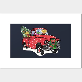 Golden Retrievers Christmas Red Truck Posters and Art